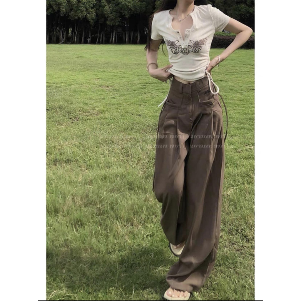 Quần Tây Ống Rộng Nữ Cạp Cao 2 Túi Trước Buộc Dây Nơ Chất Liệu Trượt Chéo, chất dày dặn Cá Tính Giá Rẻ Nhất
