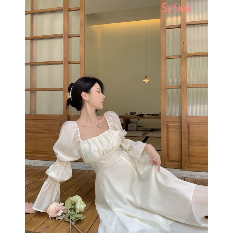 Đầm Tay Phồng Cổ Vuông Hở Lưng Thời Trang Mùa Hè Pháp Cho Nữ