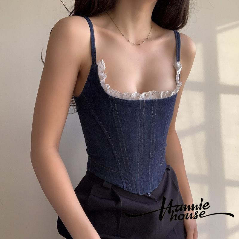 Áo Denim Cổ Thuyền Viền Ren Thời Trang Mùa Hè Cho Nữ