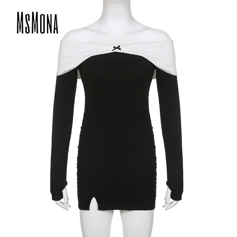MsMona Đầm Dệt Kim Tay Dài Hở Vai Dáng Ôm Màu Tương Phản Thời Trang 2023 Dành Cho Bạn Nữ