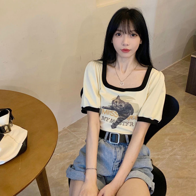 Áo Thun Ngắn Tay Cổ Vuông Màu Sắc Tương Phản Phong Cách vintage Cho Nữ