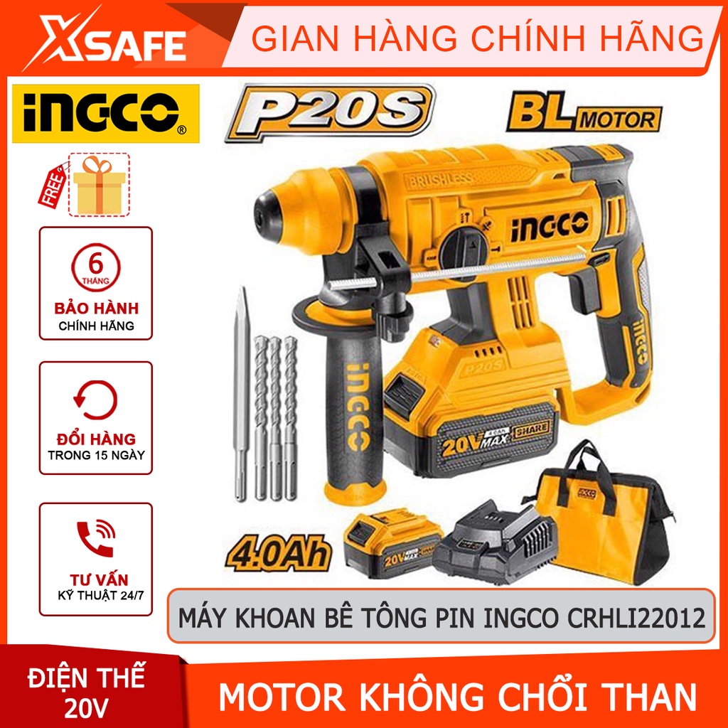 Máy khoan đục bê tông dùng pin INGCO CRHLI22012 20V mô tơ không chổi than, đầu khoan SDS plus, kèm 3 mũi khoan 1 mũi đục