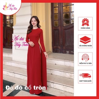 Áo dài truyền thống lụa Mỹ màu đỏ đô, cổ tròn, trơn ,