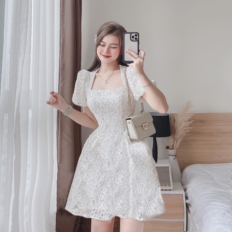 ĐẦM REN HOA XOÈ PHỒNG CỔ VUÔNG - Choosemie