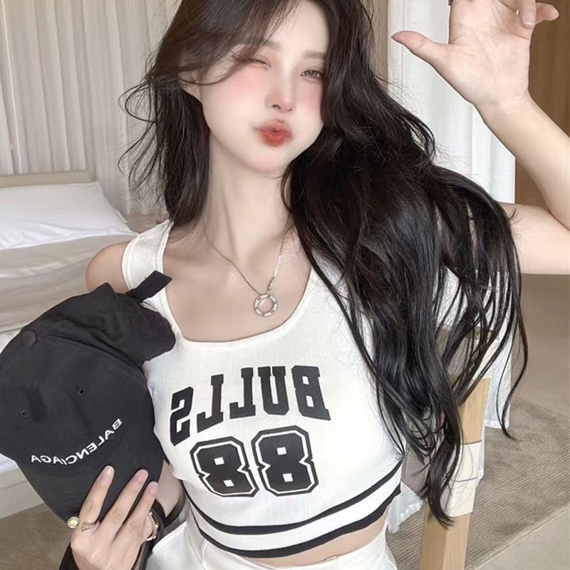 Nevaeh Áo tank top Hai Dây In Chữ Phong Cách Mỹ Cổ Điển Có Đệm Ngực Mỏng Vừa Vặn Và Không Tay Hàng Mới Dành Cho Bạn Nữ áo croptop