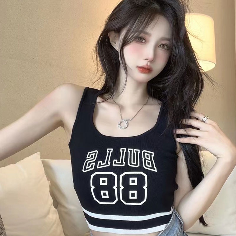 Nevaeh Áo tank top Hai Dây In Chữ Phong Cách Mỹ Cổ Điển Có Đệm Ngực Mỏng Vừa Vặn Và Không Tay Hàng Mới Dành Cho Bạn Nữ áo croptop