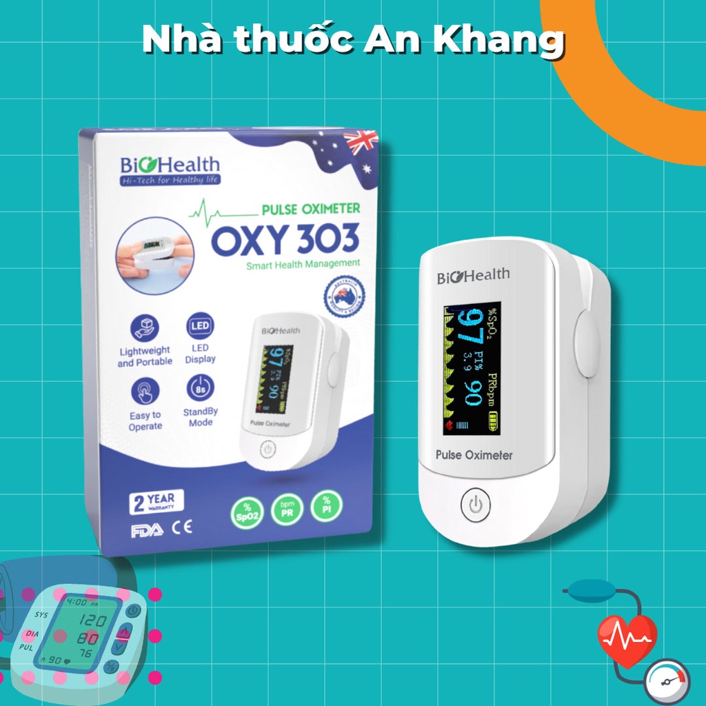 Máy đo oxy trong máu SPO2 Biohealth OXY 303 đo nhanh KHÔNG gây đau khi đo
