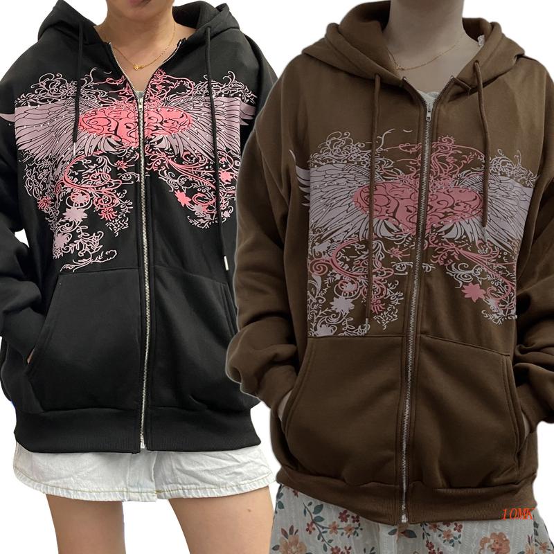 Xiangbao Áo Khoác Sweatshirt Có Dây Kéo Tay Dài In Hình Cánh Trái Tim Đính Đá Phong Cách Gothic Punk Gothic Harajuku Cho Nữ O