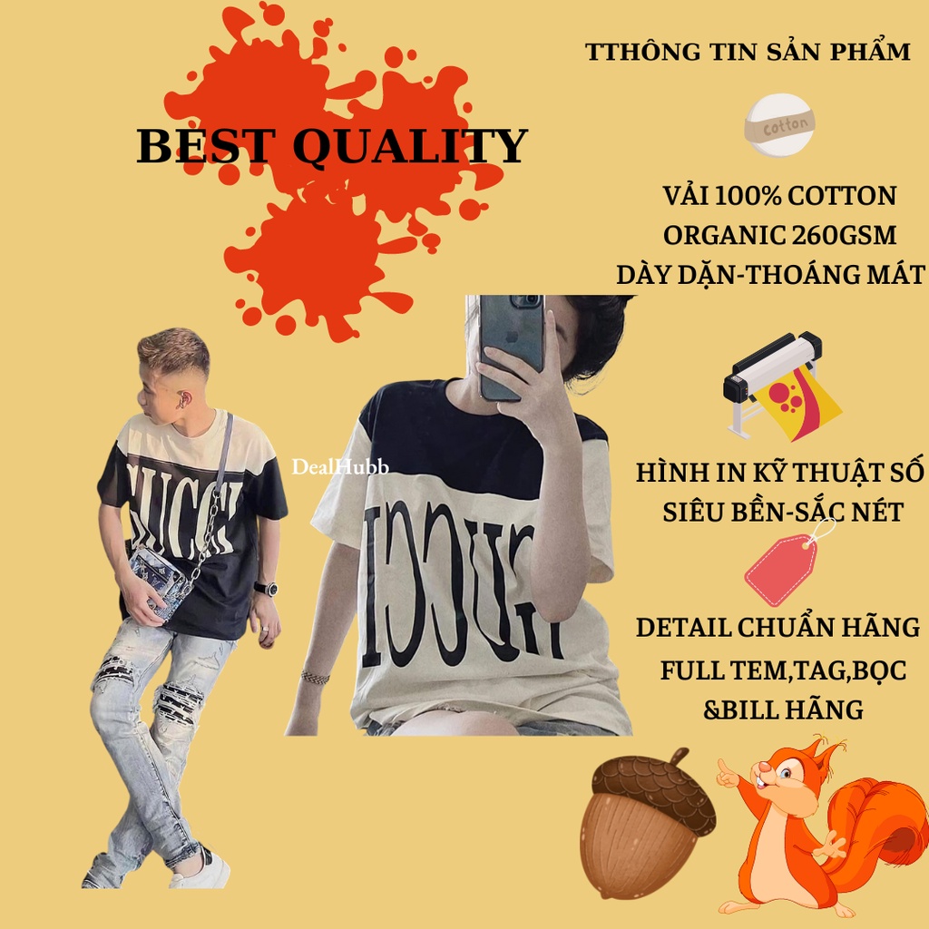 Áo Gucci phối màu nam nữ form rộng vải cotton organic Áo thun gucci nam nữ tay lỡ phong cách luxury