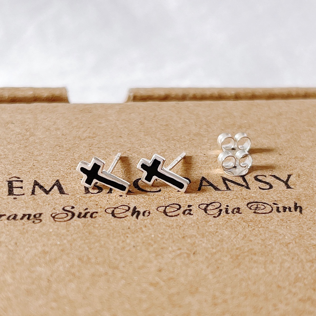 Khuyên tai bạc nam nữ unisex PANSY hình thánh giá bấm lỗ đẹp