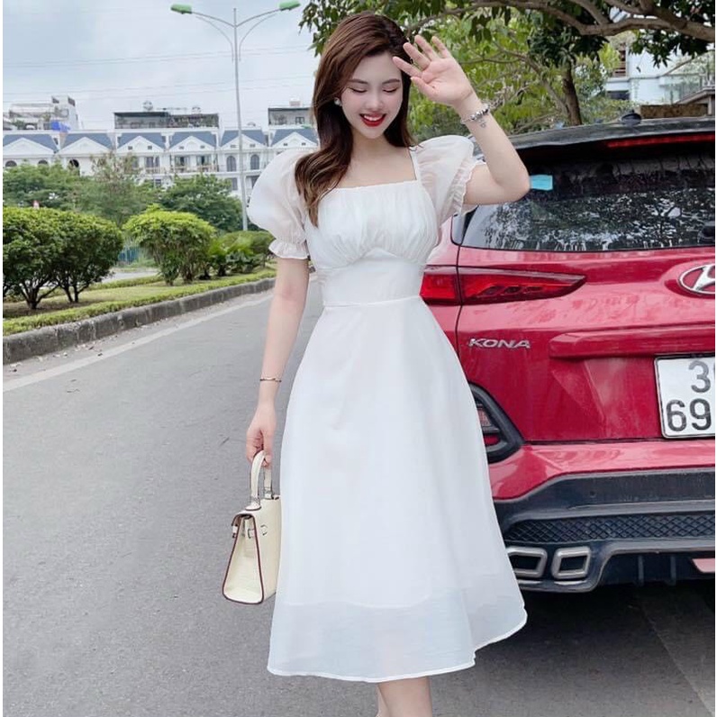 Đầm voan chifon màu trắng tay ngắn phồng dáng midi suông có chiết eo , mặc đi chơi đi tiệc cực sang
