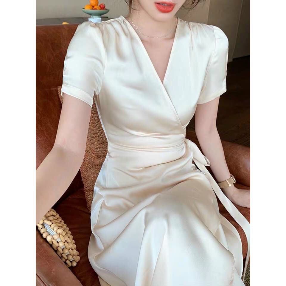 Đầm Nữ Kiểu Pháp Cổ V,Váy Dự Tiệc Maxi lụa Satin Cao Cấp Mềm Mịn Full 2 Lớp Quý Phái Sành Điệu Thời Trang Thiết Kế [MJP]