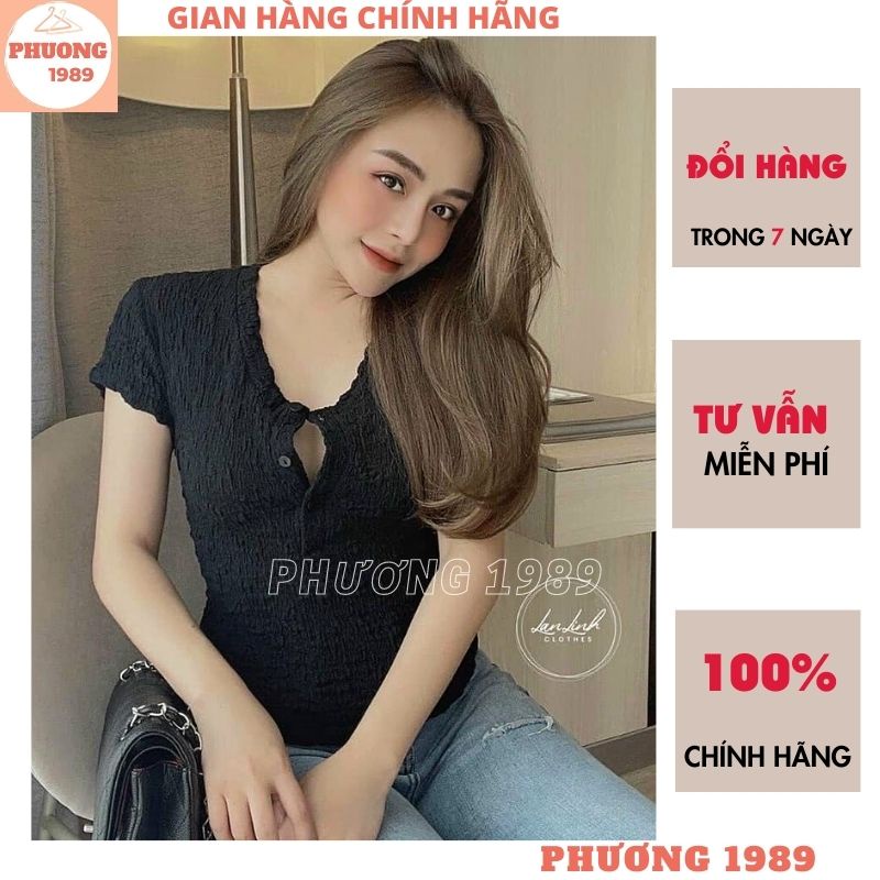 Áo thun xốp nhăn ngắn tay cổ V khuy ngực tôn dáng, Áo trơn kiểu dáng ôm body co giãn thoải mái siêu sexy siêu đẹp - 1989