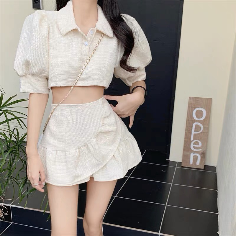 Set váy tiểu thư áo croptop mix chân váy đuôi cá hai lớp DELIZ, dự tiệc sang trọng