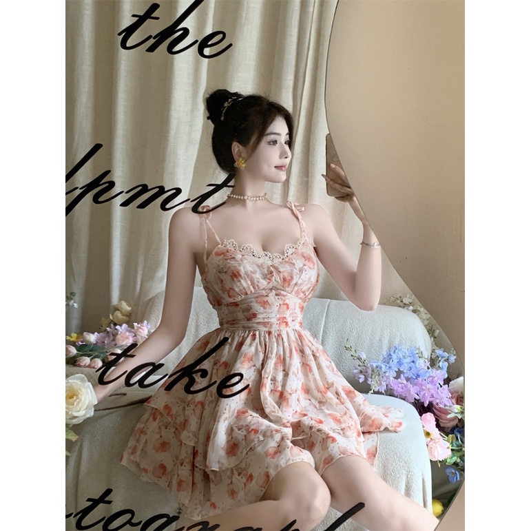 Đầm Hai Dây Cổ Chữ v Eo Cao Phối Ren Thời Trang