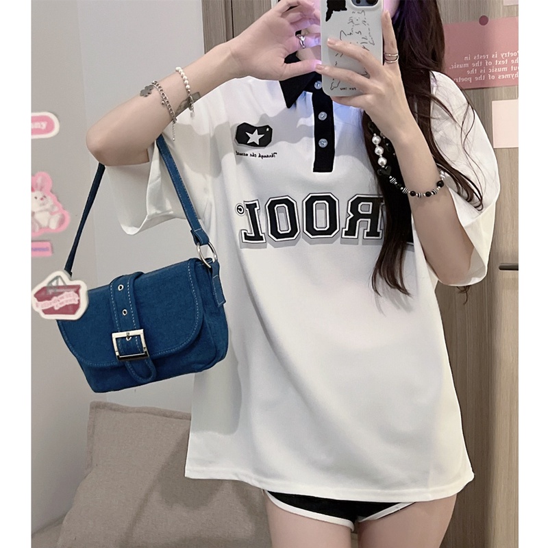 Áo polo Ngắn Tay Dáng Rộng In Chữ Thời Trang Mùa Hè Dành Cho Nữ
