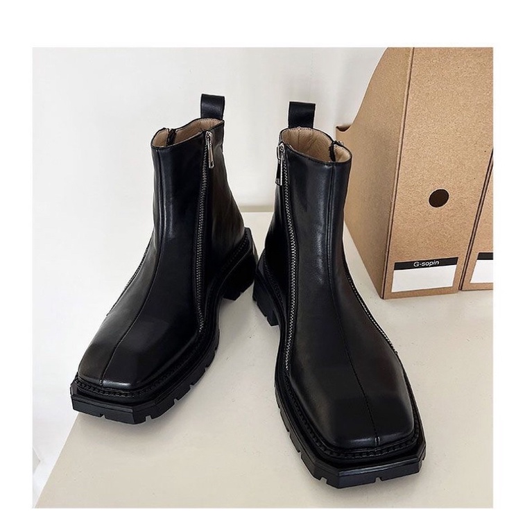 Giày boots da nam nữ mũi vuông cổ lửng phối khoá 2 bên hông FOOTMADE