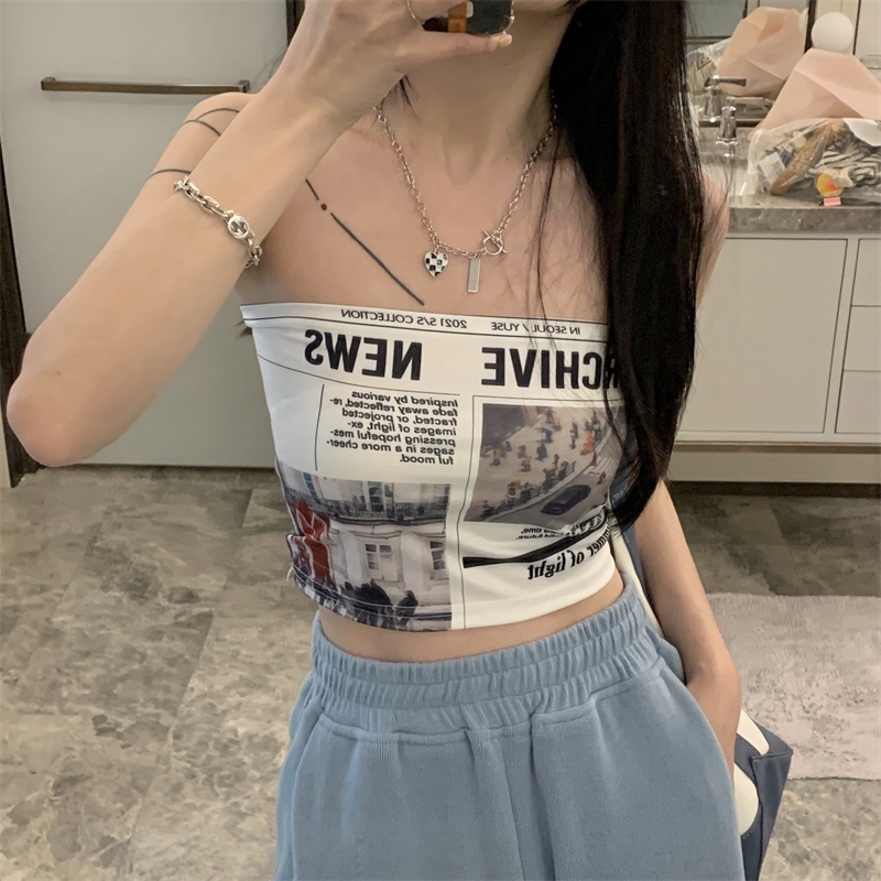 Mới Áo Croptop Không Dây Họa Tiết Tờ Báo Thời Trang Mùa Hè