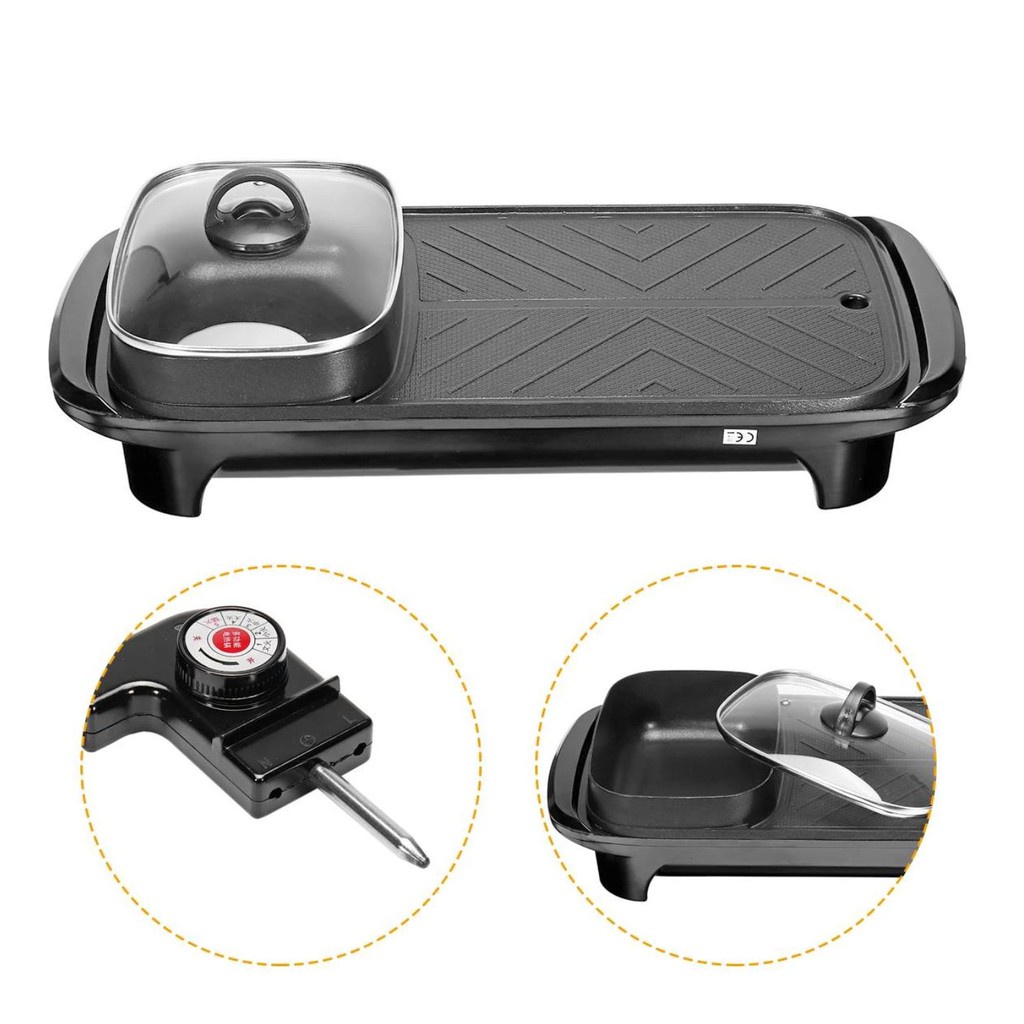 Bếp nướng kèm lẩu 2 in 1 đa năng Nồi lẩu nướng 2 in 1 Size Lớn có nắp kính tiện lợi. Bếp lẩu nướng BBQ, bếp bbq