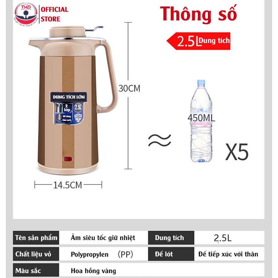 Ấm siêu tốc giữ nhiệt 2,5L cokcu st30 TMD Group - Đun sôi 5 phút, chất liệu vỏ PP, duột inox hai lớp không rỉ /Hồng vàng