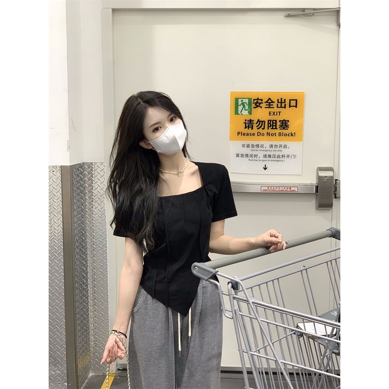 COZOKC COZOK Áo Thun Tay Ngắn Cổ Vuông Màu Trơn Thiết Kế Xẻ Tà Độc Đáo