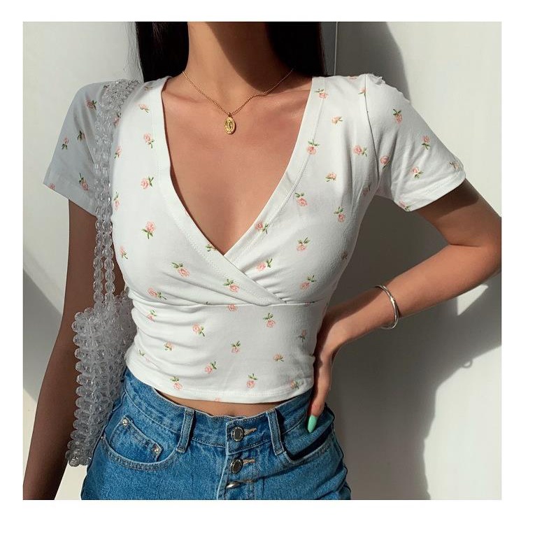 Áo thun NRVP tay ngắn dáng ôm họa tiết hoa thời trang đường phố Hàn Quốc 2023