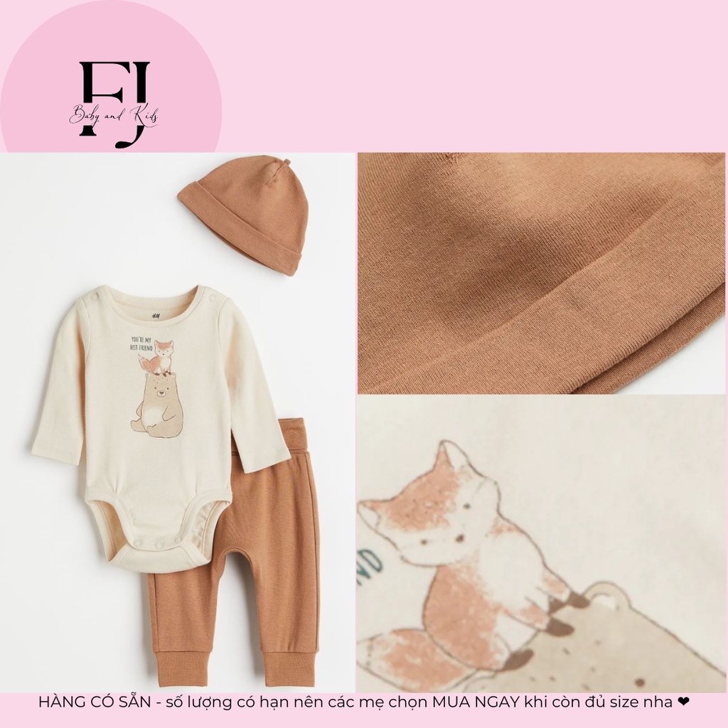 Bộ quần áo body trẻ em chính hãng HM, Bộ body bé trai body gấu nâu kèm mũ, hàng hiệu cho bé