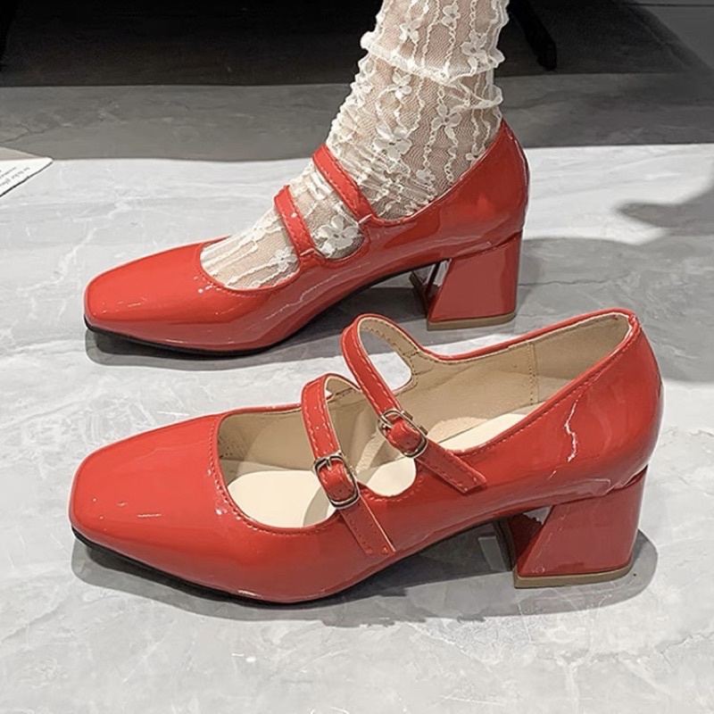 Giày búp bê nữ Mary Jane da bóng gót vuông cao 5cm có 2 quai khoá cài