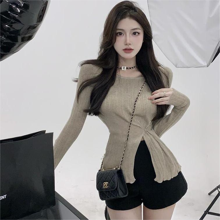 Áo Sơ Mi Kaki Dệt Kim Trễ Vai Màu Trơn Quyến Rũ Thiết Kế Xẻ Tà Eo Hẹp Thời Trang Xuân Thu Kiểu Mới Dành Cho Nữ