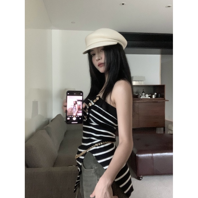 Áo Thun Không Tay Cổ Một Mảnh Ôm Dáng Họa Tiết Kẻ Sọc Gợi Cảm Thời Trang Mùa Hè 2023 Dành Cho Bạn Nữ