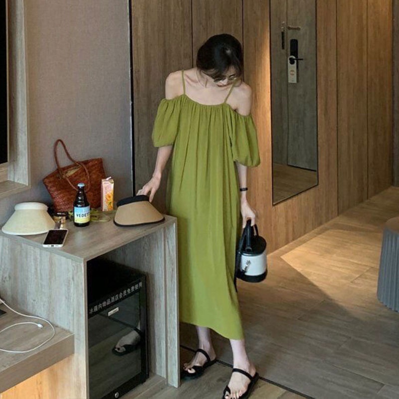 Đầm Maxi Trễ Vai Dáng Chữ A Màu Xanh Lá Phong Cách Pháp Thời Trang Cho Nữ