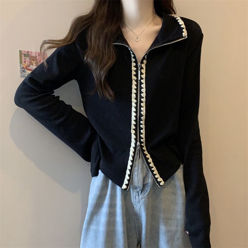 Áo cardigan Tay Loe Khóa Kéo Đôi Màu Trơn Mùa Xuân Mới Dành Cho Bạn Nữ