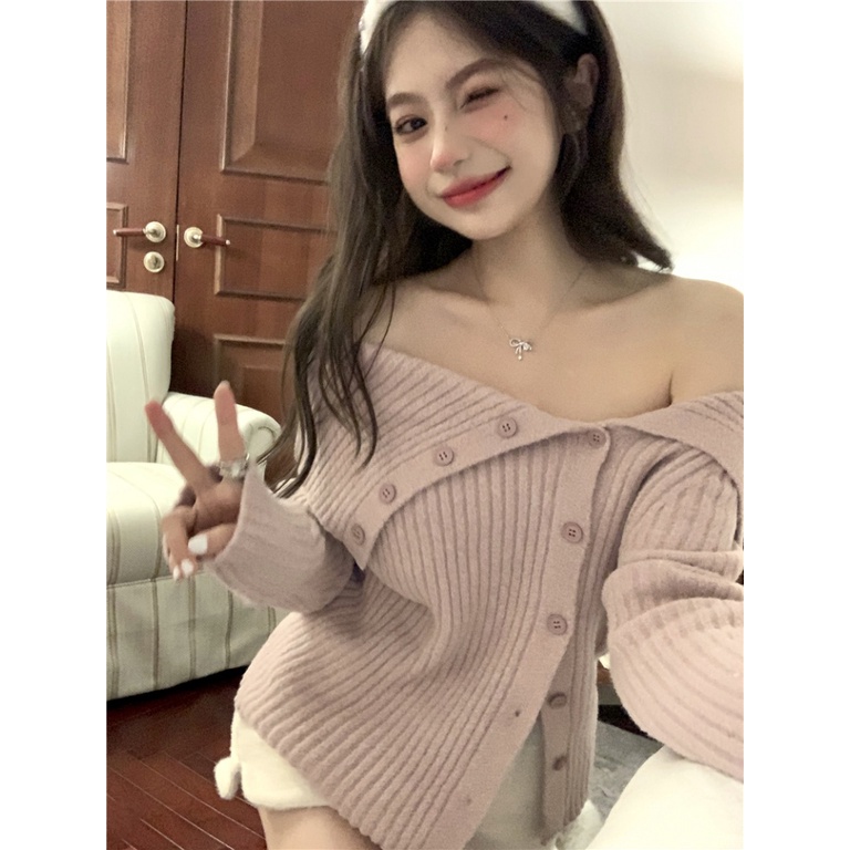 Áo Dệt Kim Trễ Vai Tay Dài Dáng Ôm Thời Trang Mùa Thu Quyến Rũ Cho Nữ