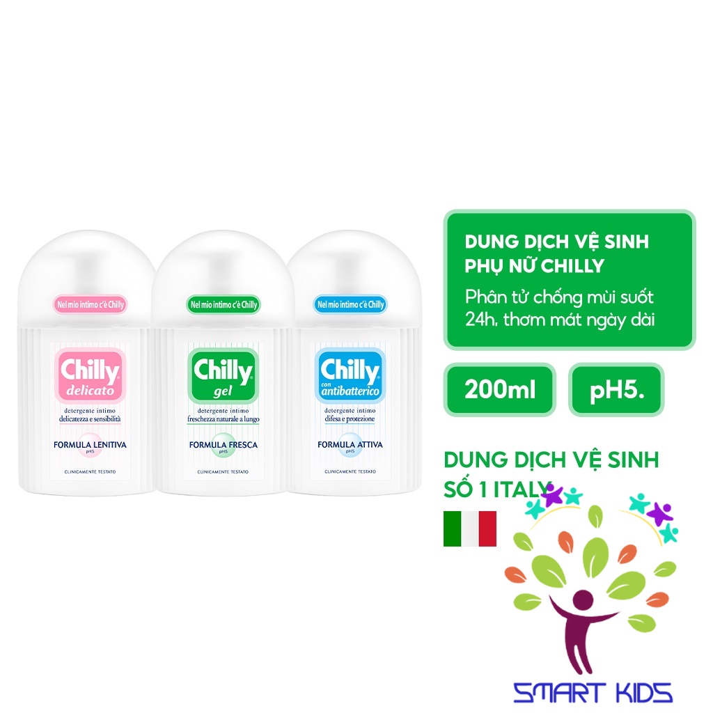 Dung dịch vệ sinh phụ nữ Chilly 200ml làm sạch và dưỡng ẩm, chiết xuất bạc hà ngừa vi khuẩn, ngăn mùi hiệu quả
