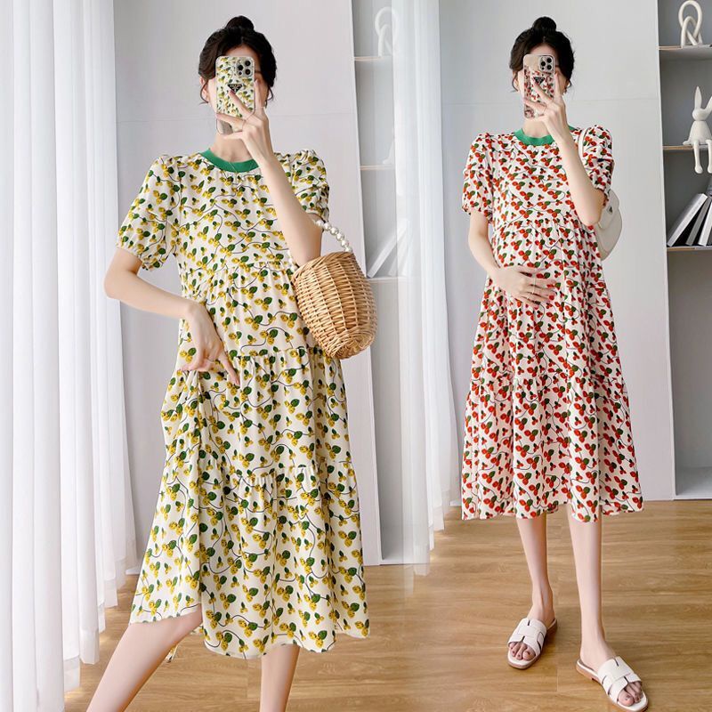 Váy bầu thiết kế thời trang dự tiệc đẹp sang chảnh chất lụa hoa freesize dưới 70kg