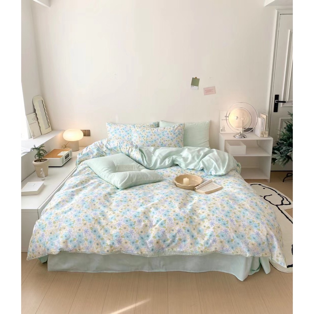 Chăn Ga Gối Cotton Living Hàn Quốc Phối Nơ "Vườn Hoa Trắng" 4 món
