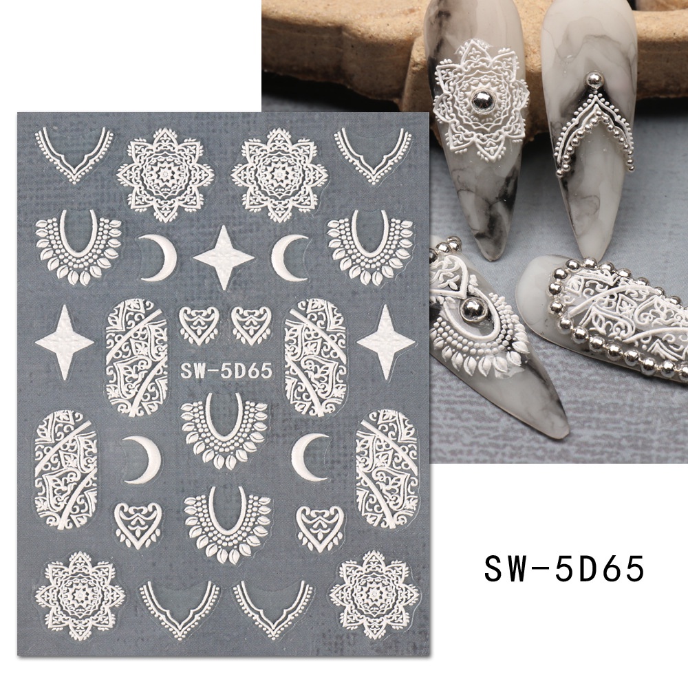 Miếng Dán Trang Trí Móng Tay 5D Họa Tiết Ren Màu Trắng Đen Sang Trọng