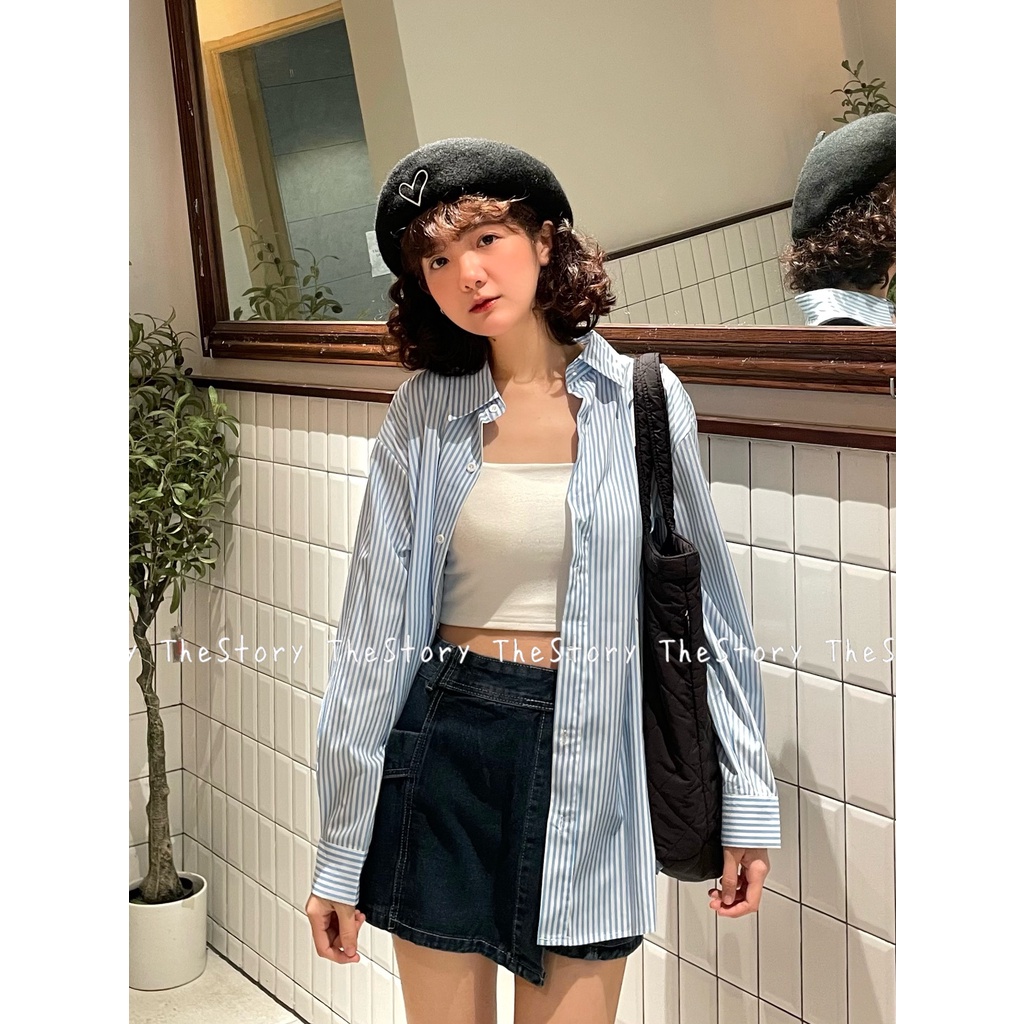 Áo sơ mi sọc xanh có thêu hình  A2813