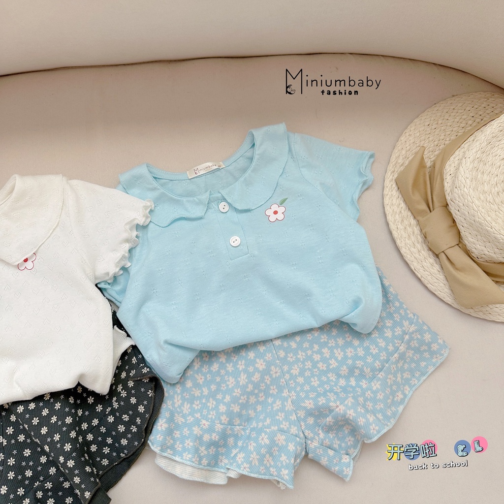 Đồ bộ bé gái Miniumbaby chất cotton mát mẻ, bộ cộc tay cho bé mặc nhà cổ bèo phối tay điệu và quần giả váy-SB1453