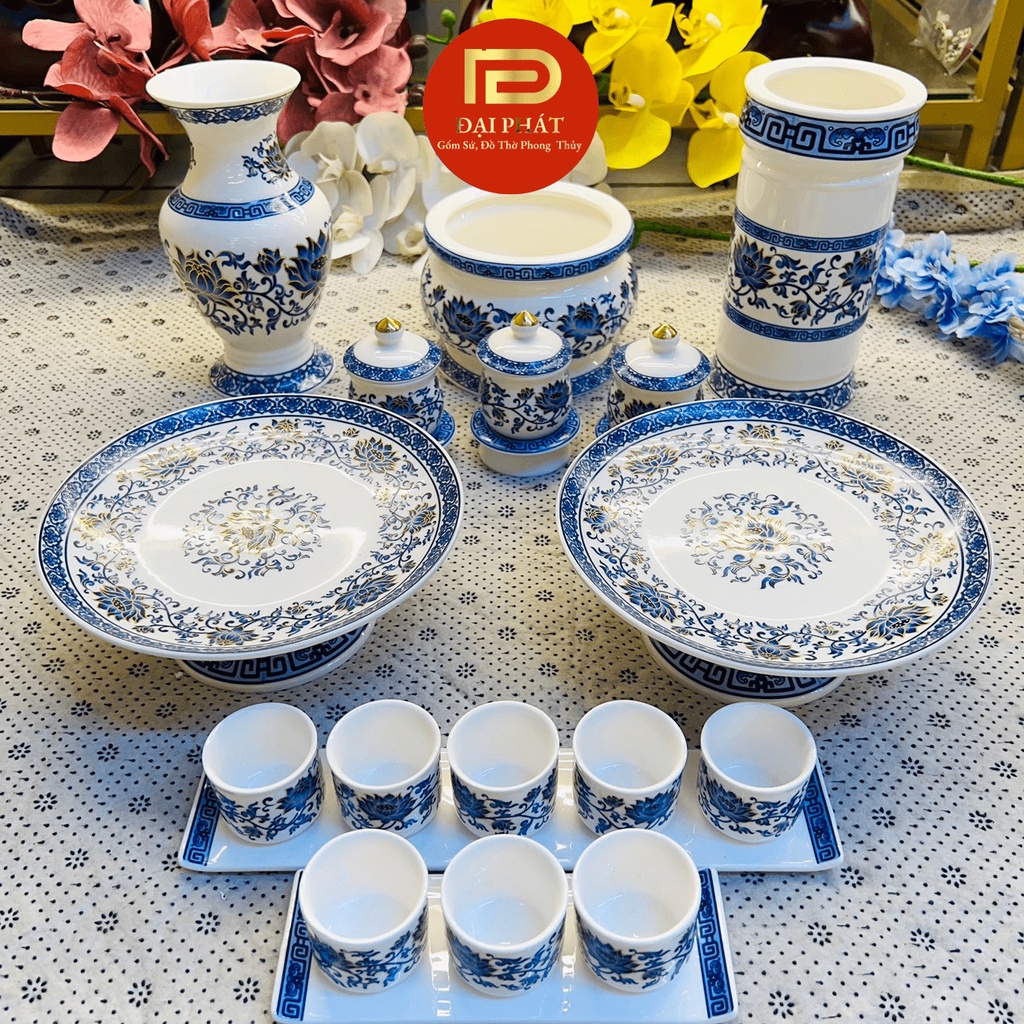 Bộ đồ thờ gấm xanh sen cao cấp ĐẠI PHÁT, bộ đồ thờ gia tiên, đồ thờ thần tài gốm sứ cao cấp, bát hương sứ