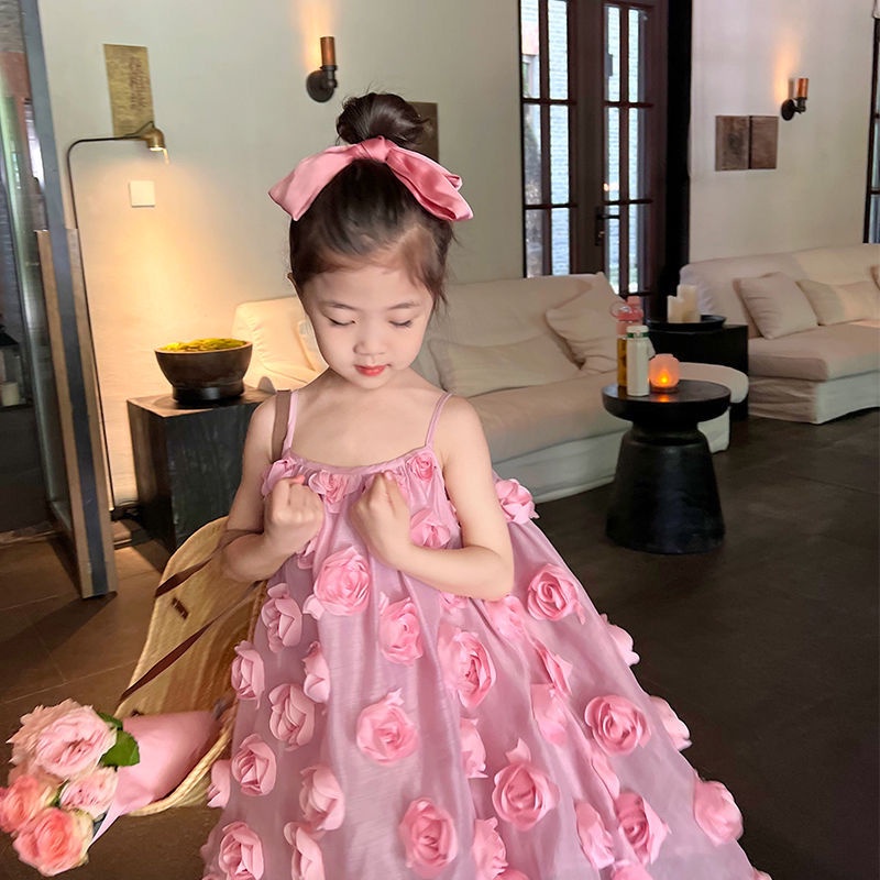 Đầm Công Chúa Hai Dây Không Tay Màu Hồng Họa Tiết Hoa Mùa Hè Mới Cho Bé Gái