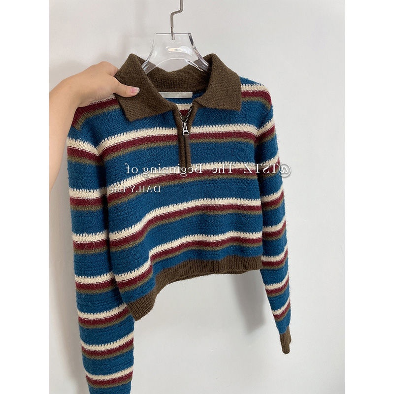 Áo Len Chui Đầu Ngắn Mỏng Có Dây Kéo Cổ Polo Màu Sắc Tương Phản Phong Cách Mới Cho Nữ