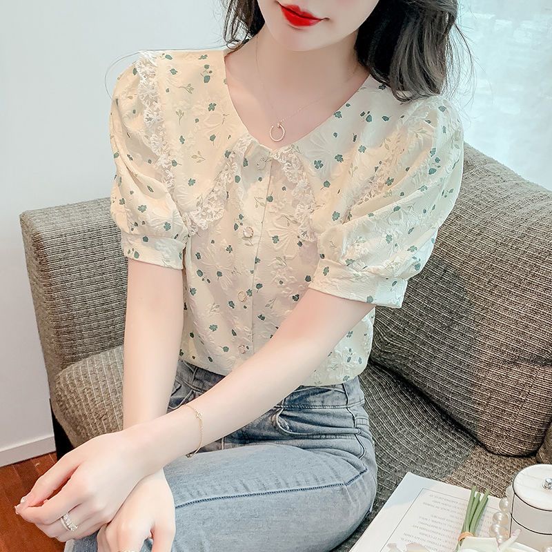 IELGY  Áo Kiểu Tay Phồng Ngắn In Hoa Thời Trang Cho Nữ