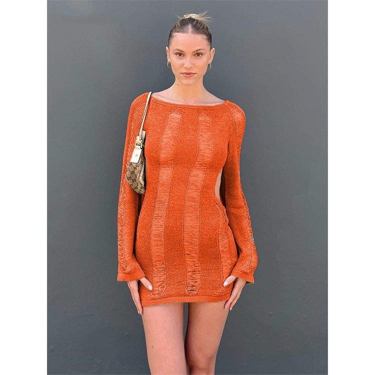 Đầm Midi Ôm Dáng Tay Dài Cổ Tròn Màu Trơn Xuyên Thấu Thời Trang Cho Nữ