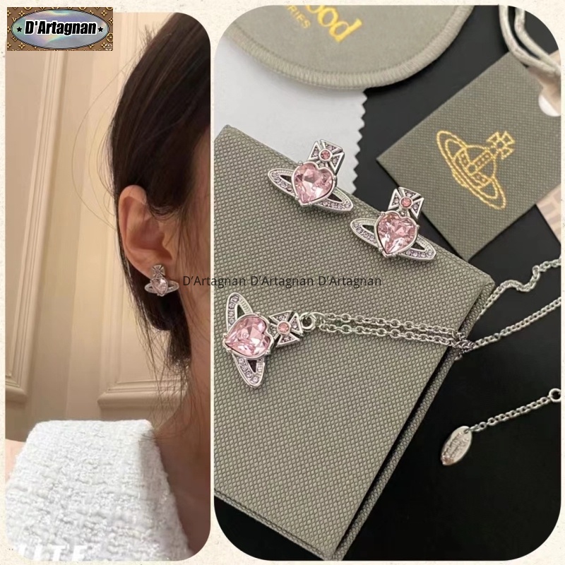 'Boutique Spot'VIVIENNE hồng hình trái tim giả tinh thể Saturn Shape Earrings Necklace Đồng mạ vàng với thép in Chất lượng cao Hàn Quốc 2023 Mới tái tạo thanh lịch Vintage Thời trang không phai 925 kim bạc cho phụ nữ A336/B404