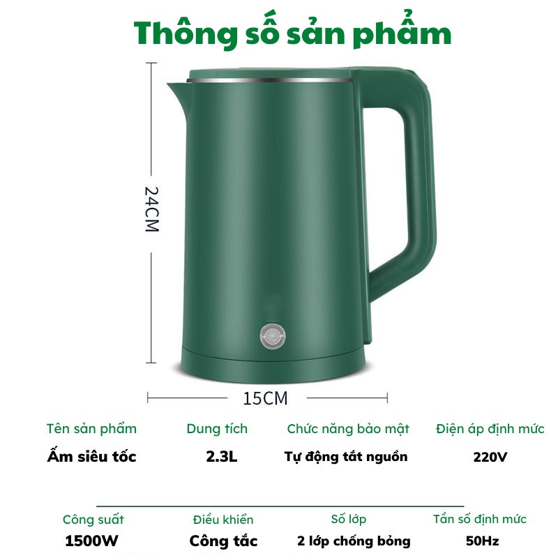 Ấm Siêu Tốc Inox Dung Tích Lớn 2.3L Bình Đun Siêu Tốc 1500W Đun Sôi Nhanh Lõi thép không gỉ