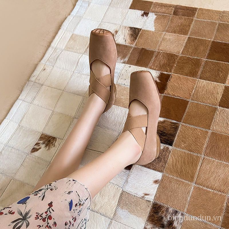 Giày Múa Ba Lê Mũi Vuông Đế Bằng Thắt Dây Chéo Phong Cách Retro Dành Cho Nữ