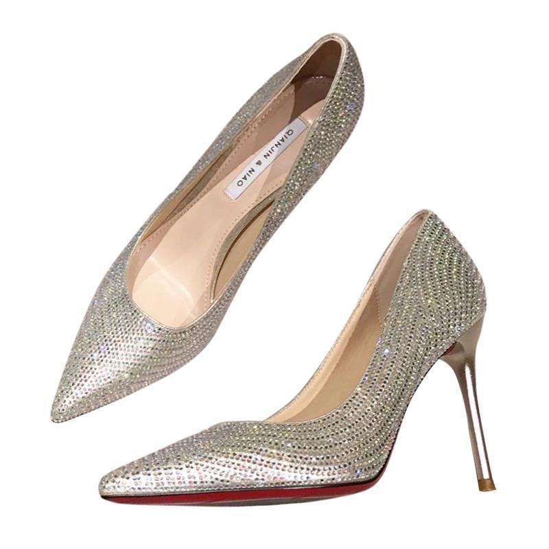 Giày Cao Gót Mũi Nhọn Đính Đá Pha Lê Màu Đen Thời Trang Mùa Xuân Quyến Rũ Cho Nữ