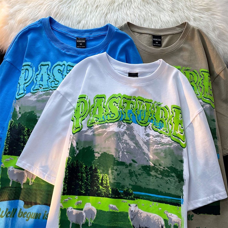 Áo thun AOKANG tay ngắn dáng rộng in hình tranh sơn dầu graffiti phong cách Mỹ thời trang mùa hè cho nam nữ