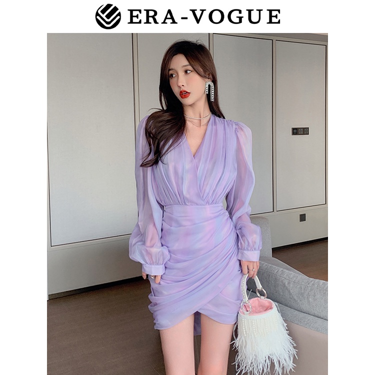 Eravogue🌷 Đầm mini ôm vừa vặn cổ V tay dài satin Voan phong cách Hàn Quốc gợi cảm 5218